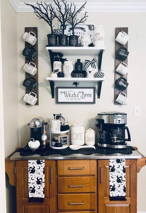 Coffee Themed Kitchen Ideas, Themed Kitchen Ideas, Coffee Bar Black, Bar Black And White, Coffee Themed Kitchen, Kitchen Theme Ideas, Coffee Black And White, Halloween Coffee Bar, Coffee Theme Kitchen