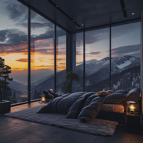 Huge Bedroom Aesthetic, Huge Bedroom Luxury, Bedroom With A View, Dark Modern House, Stylish Bedroom Ideas, Huge Bedrooms, City View Apartment, Art Decor Ideas, Luxury Houses Mansions