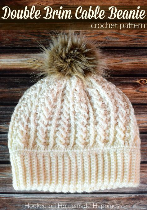 Double Brim Cable Crochet Beanie Pattern | Hooked on Homemade Happiness Winter Hat Crochet Pattern, Picot Crochet, Cable Crochet, Womens Crochet Patterns, Crochet Hat Free, Crochet Knit Hat, Crochet Beanie Hat, Crochet Beanie Pattern, Crochet Hats Free Pattern