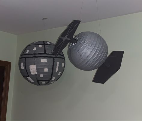 Diy Tie Fighter Decoration, Star Wars Lanterns, Star Wars Paper Lanterns, Star Wars Birthday Centerpieces, Star Wars Vbs, Star Wars Theme Party Decoration, Starwars Party Decor, Star Wars Diy Decorations, Diy Star Wars Decor