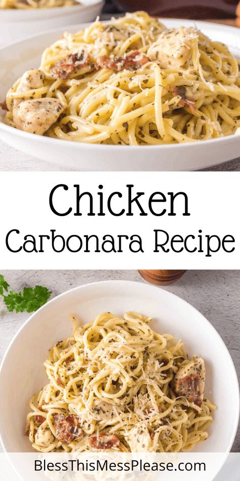 Chicken carbonara is a pasta dish made with spaghetti noodles, crispy bacon, cheese, eggs, and, of course, tender chunks of chicken. Creamy Chicken Carbonara Recipe, Chicken Cabanara Pasta, Chicken Bacon Carbonara Pasta, Creamy Chicken Carbonara Pasta, Crispy Chicken Pasta, Chicken And Bacon Carbonara, Creamy Chicken Carbonara, Chicken Carbonara Pasta, Chicken Breast With Bacon