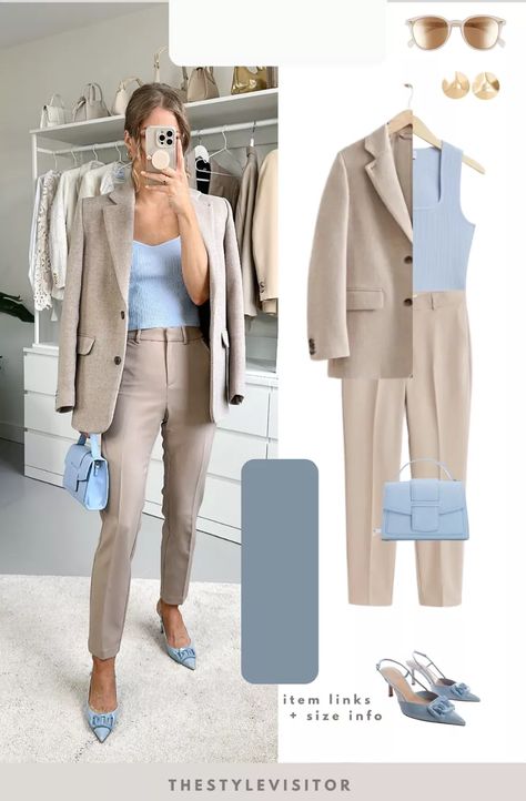 Brista Ankle Wrap Sandal (Women) curated on LTK Light Blue Suit Women Outfit, Beige And Blue Outfit, Blue And Beige Outfit, Japanese Wardrobe, Formal Winter Outfits, Beige Hose, Outfit Blazer, Color Combos Outfit, Combination Fashion