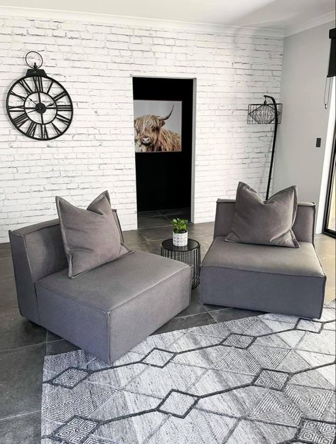 White wash painted brick and grey floors Grey Brick Accent Wall, Light Grey Painted Brick, White And Gray Brick Wall, Faux Grey Brick Wall, Grey Brick Wallpaper Living Room, Brick Wall Grey, White Brick Accent Wall, Grey Painted Brick, Grey Brick Wall