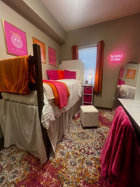 My freshman dorm at the university of alabama Pink White And Orange Bedroom, Bright Dorm Room Ideas, Pink Dorm Ideas, Orange Dorm Room Ideas, Dorm Room Inspo Pink, College Dorm Pink, Pink And Orange Dorm Room, Pink And Orange Dorm, Orange Dorm Room