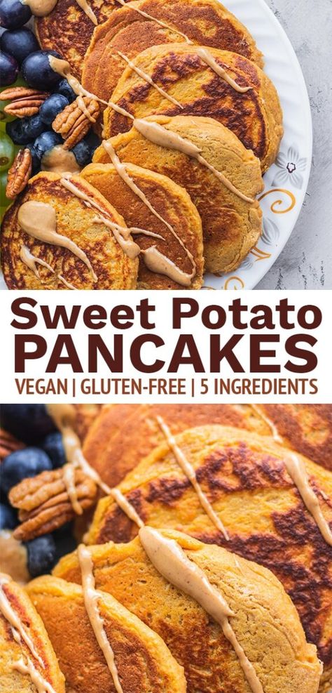 Vegan sweet potato pancakes gluten-free oil-free 5 ingredients Sweet Potato Pancakes Healthy, Soup From Olive Garden, Sweet Potato Pancakes Vegan, Daniels Fast, Easy Weekend Breakfast, Egg Free Pancakes, Pancakes Fluffy, Vegan Pancake Recipes, Gluten Free Sweet Potato