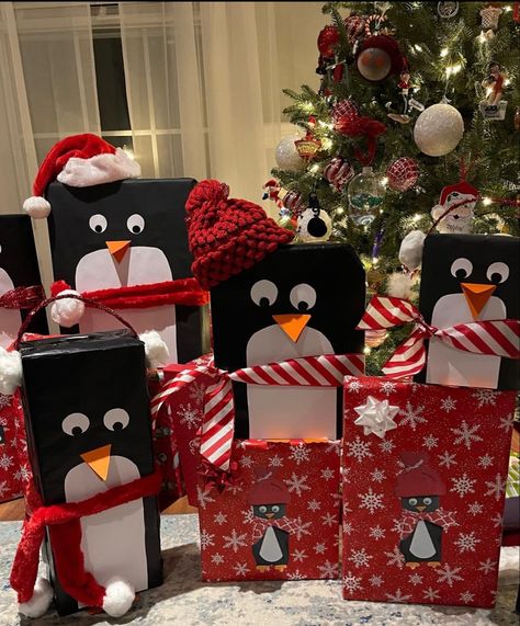 Stacked Presents Wrapping, Rudolph Wrapping Ideas, Reindeer Stacked Presents, Snowmen Gift Tower, Snowman Wrapped Presents, Stackable Christmas Gift Boxes Diy, Penguin Wrapping Ideas, Fun Christmas Wrapping Ideas, Penguin Christmas Wrapping Ideas