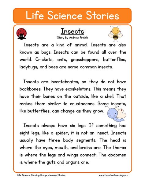 This Reading Comprehension Worksheet - Insects is for teaching reading comprehension. Use this reading comprehension story to teach reading comprehension. Science Reading Comprehension, Reading Comprehension For Kids, Teaching Reading Comprehension, Reading Comprehension Lessons, Science Stories, Science Reading, First Grade Worksheets, Have Fun Teaching, Reading Comprehension Skills