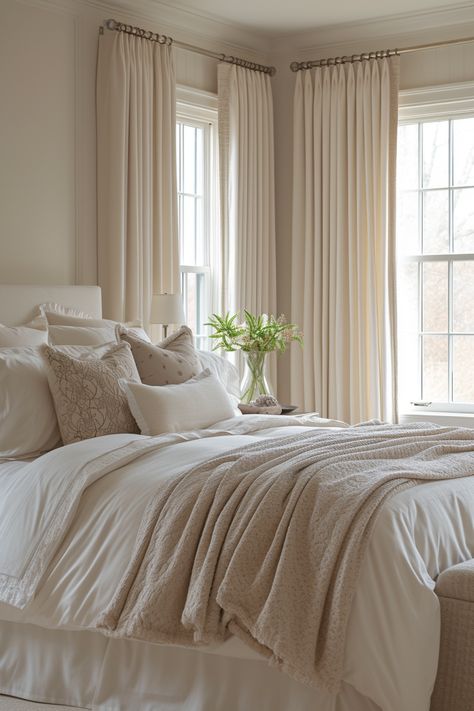 Find your peace with these serene beige and white bedroom ideas, creating a calm and tranquil atmosphere for rest and relaxation. Neutral Cottage Bedroom, Nashville Suburbs, White And Beige Aesthetic, White And Beige Bedroom Ideas, Light Bedroom Ideas, Beige And White Bedroom Ideas, White And Beige Bedroom, Neutral Cottage, Boho Master