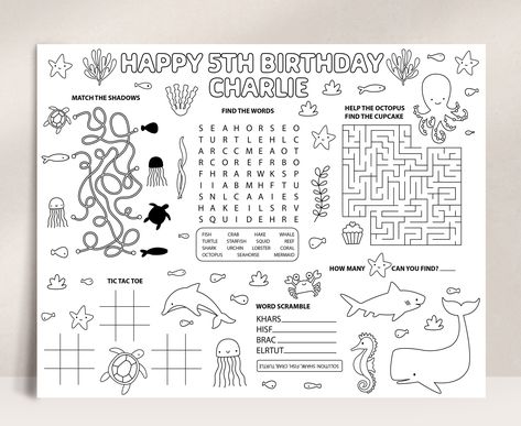 Under The Sea Party Activity Placemat, Sea Animals Coloring Page, Printable Party Game, Kids Table Activity, Editable Party Template Sea Animals Coloring, Library Games, Activity Placemat, Activity Sheets For Kids, Placemats Kids, Coloring Page Printable, Games Ideas, Party Template, Sea Birthday Party