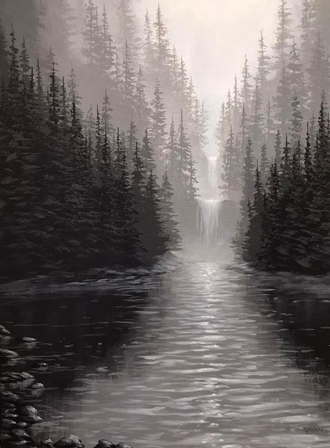 Gray Acrylic Painting Ideas, Grey Landscape Aesthetic, Grey And White Paintings, Grey Painting Aesthetic, Monochrome Art Painting Black White, Black And White Nature Painting, Black And White Forest Painting, Grey Painting Ideas, Black And Gray Painting