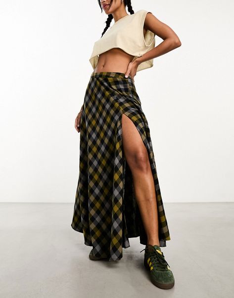 Skirts by ASOS DESIGN *insert heart-eyes emoji here​* High rise Zip-side fastening Side split Regular fit Maxi Skirt Outfit Midsize, Streetwear Maxi Skirt, Long Skirt Indie, Plaid Maxi Skirt Outfit Grunge, Maxi Skirt Whimsigoth, Rock Chic Outfits, Asos Tiered Leopard Skirt, Full Maxi Skirt, Maxi Skirt Outfits