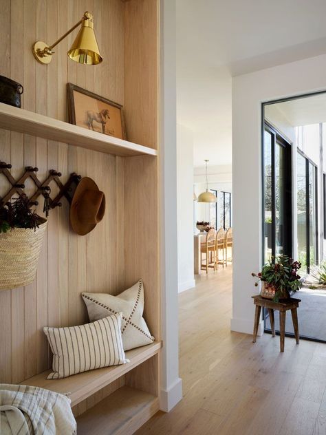 Entryway With Mudroom, Oak Mudroom Cabinets, Bench Nook Entryway, Built In Cabinets With Bench, Light Wood Mudroom, Front Entryway Built In Ideas, Wall Mudroom Ideas, Entry Built In Bench, Entryway Built In