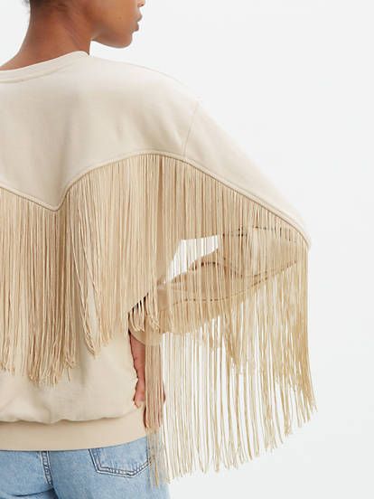 Ashley Crewneck Sweatshirt - White | Levi's® US Levis Sweatshirt, Fringe Sweatshirt, White Levis, Fringe Leather Jacket, Fringe Jacket, Suede Fringe, Leather Fringe, Fringe Trim, White Sweatshirt