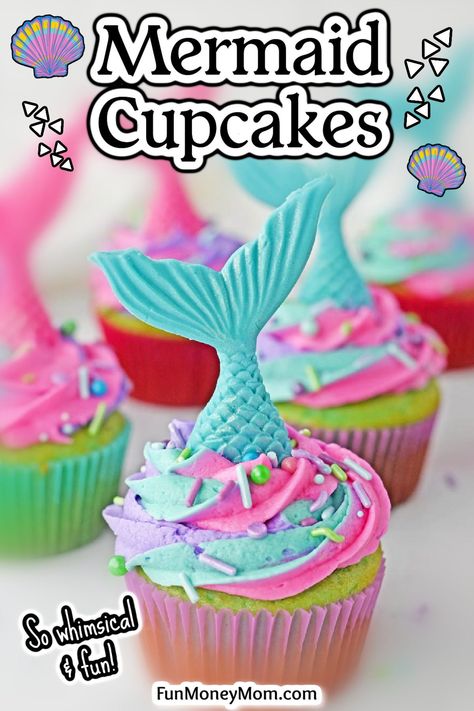 These Easy Mermaid Cupcakes are sure to make a splash at your next party! Topped with creamy swirls of colorful frosting and a whimsical candy mermaid tail, they’ll be a big hit with all the Little Mermaid fans in your life. Cute Mermaid Tail, Mermaid Birthday Party Decorations, Mermaid Cupcakes, Mermaid Theme Birthday Party, Mermaid Birthday Cakes, Torte Cupcake, Mermaid Parties, Little Mermaid Birthday, Mermaid Theme Birthday