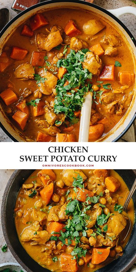 A super quick chicken sweet potato curry that features juicy chicken braised with tender sweet potatoes and chickpeas in a coconut curry. It is extremely easy to put together and tastes so hearty - perfect for a busy weekday dinner or meal prep. {Gluten-Free} Chicken Chili With Sweet Potatoes, Sweet Potato Chicken Instant Pot, Chicken And Sweet Potatoes Healthy, Chicken Sweet Potato Stew Crockpot, Chicken And Sweet Potato Instant Pot, Instant Pot Chicken Sweet Potato Recipes, Chicken Veggie Curry, Crock Pot Sweet Potato Stew, Crockpot Meals With Sweet Potatoes