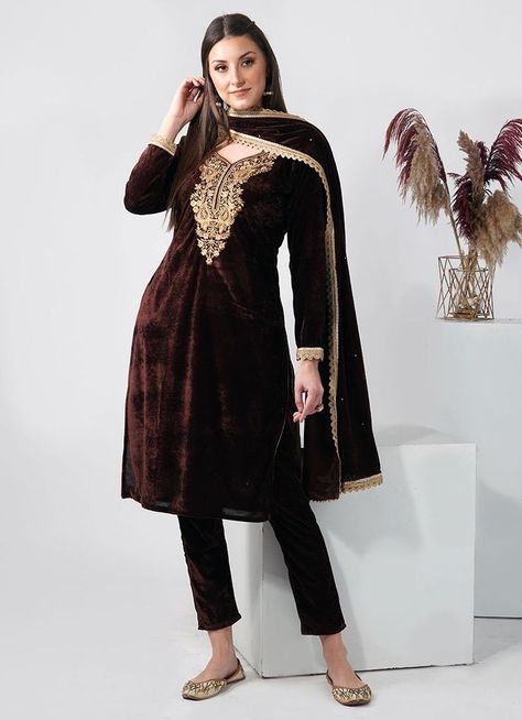 This is a brown straight cut suit in velvet fabric, comes with gold embroidery detailing on neckline and center front. This look is completed by brown velvet straight cut trouser and a matching brown velvet dupatta with gold border its 4 sides with swarovski stones. Patiala Dress, Kurti With Jeans, Indian Clothing Brands, Velvet Dupatta, Indian Dresses Online, Ethnic Wear Indian, Pakistani Clothes Online, Pakistani Suits Online, Asian Wedding Dress