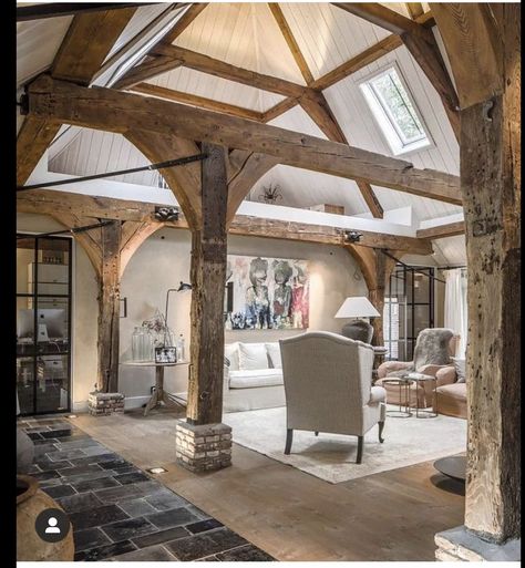 Irish Living Room, Vaulted Ceiling Ideas, Barn Renovation, Metal Works, Exposed Beams, Wooden Beams, Timber Framing, Wood Ceilings, Wood Beams