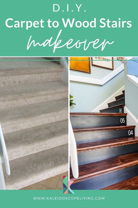 Removing carpet from stairs and replacing it with wood stair treads is totally doable. This DIY staircase makeover was accomplished in a weekend and looks like a professional job! Proof that a staircase remodel can be a DIY job. Stairs Diy Renovation, Stairs Makeover Design, Diy Stairs Makeover, Diy Staircase Makeover, Stairs Makeover Ideas, Farmhouse Stairs, Wood Stair Treads, Carpet Diy, Stair Renovation