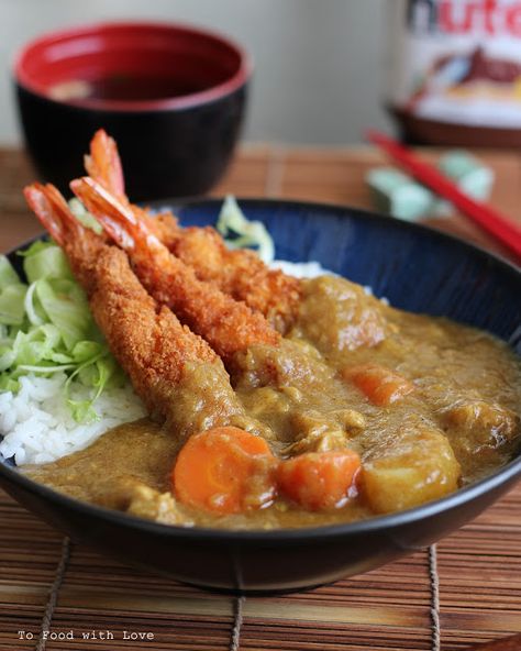 To Food with Love: Ebi Fry Curry Don (Fried Shrimp with Curry on Rice) Ebi Fry, Japanese Rice Dishes, Ono Kine Recipes, Seafood Fried Rice, Tempura Recipe, Asian Meals, Breaded Shrimp, Shrimp Tempura, Japanese Curry