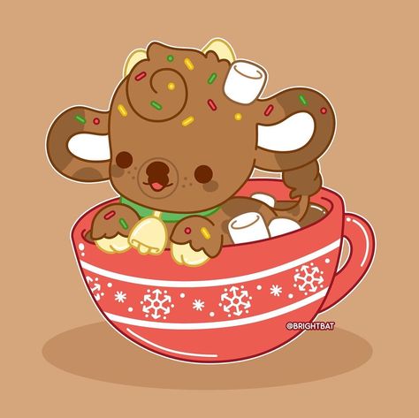 Kylie • BrightBat | The first Winter Cow reveal: Coco the hot chocolate cow! ❤️ She prefers lots of marshmallows and sprinkles, what do you top your hot coco… | Instagram Kawaii Cows, Hot Chocolate Art, Chocolate Cow, Easy Christmas Drawings, Tea Wallpaper, Bat Design, Kawaii Christmas, Cute Christmas Wallpaper, Hot Coco