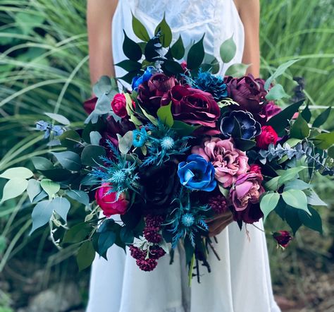 Gem Tones Wedding, Purple Wedding Flowers Bouquet, Jewel Tone Wedding Decor, Jewel Tone Wedding Theme, Purple Wedding Flower, Jewel Tone Wedding Flowers, Large Bridal Bouquet, Purple And Burgundy, Magenta Wedding