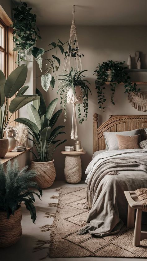 Bedroom With Greenery, Home Bedroom Refresh, Modern Luxury Bedroom Design, Botanical Bedroom, Decorate Ideas, Plant Jungle, Botanical Interior, Home Bedroom Design, Minimalist Bedroom Decor