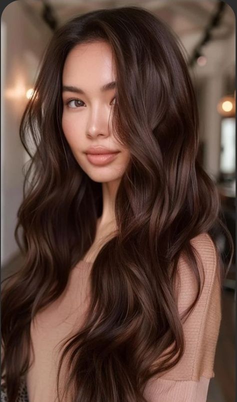 Chocolate Brown Hair Black Roots, Soft Waves Mid Length Hair, Asian Light Hair, Rich Medium Brown Hair, Kathryn Bernardo Hair Color, Shade Of Brown Hair Color, Mocha Brunette Hair, Chocolate Mocha Hair Color, Warm Tone Hair Color