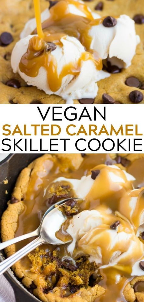 Vegan Salted Caramel Skillet Cookie Vegan Salted Caramel, Easiest Dessert, Gooey Chocolate Chip Cookies, Vegan Cookies Recipes, Vegan Caramel, Skillet Cookie, Dessert Simple, Desserts Vegan, Vegan Dessert Recipes