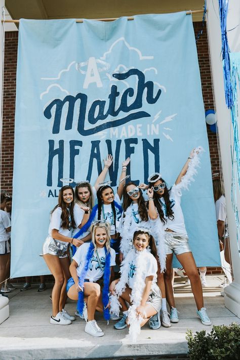 Alpha Gam is Heavenly!!!! Simple Bid Day Themes, Angel Number Bid Day, Alpha Xi Delta Bid Day, Rush Week Themes, Bid Day Themes Sorority, Sorority Bid Day Themes, Themes Sorority, Sorority Recruitment Themes, Sorority Rush Themes