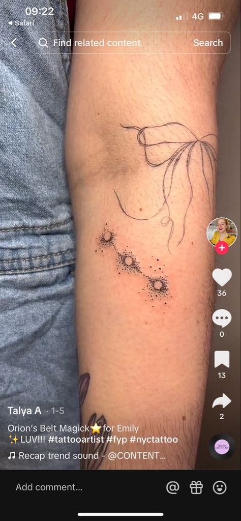 Orion Tattoos, Orions Belt Tattoo, Orion Constellation Tattoo, Orions Belt Constellation, Belt Tattoo, Orion Tattoo, Cosmos Tattoo, Orion's Belt, Nyc Tattoo