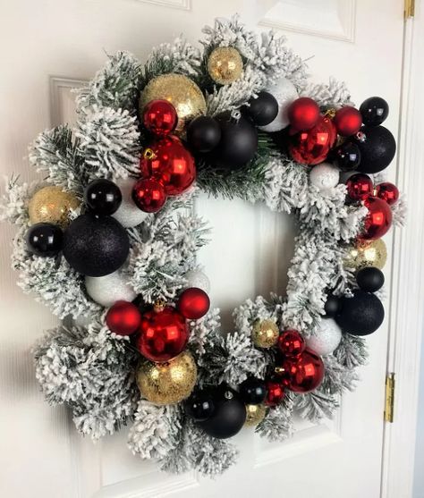 How to Make a Disney Wreath | Hometalk Disney Christmas Themes Ideas, Disney Wreath Christmas, Mickey Wreath Diy, Disney Wreath Diy, Mickey Mouse Christmas Party, Disney House Decor, Diy Wreaths For Front Door Christmas, Diy Disney Christmas Decorations, Disney Christmas Wreath