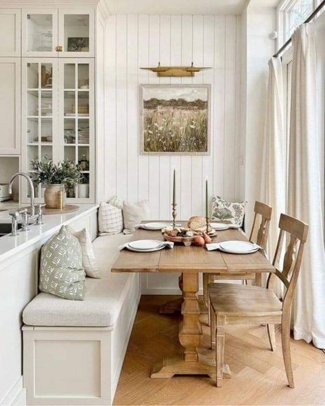 Breakfast Nook Bench, Nook Bench, Kitchen Peninsula, Cozy Breakfast Nook, Kitchen Nook, Dining Nook, Food Bowl, Ship Lap Walls, Breakfast Nook