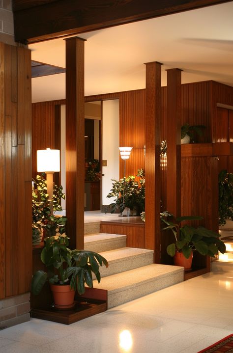 32 Inspirational 70s Hallway Designs To Help You Recreate The Aesthetic 1970s Mid Century Modern House, Earthship Aesthetic, 60s Flooring, My Dream Apartment, 1960s House Interior, 70s Minimalism Interior, Mid Century Interior Design Living Room, 70s Entryway, Earthy House Aesthetic