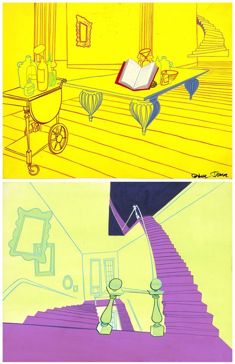 Background drawings from the animated feature "Broomstick Bunny" directed by Chuck Jones and "starring" Bugs Bunny and Witch Hazel. The film was released in 1956. From the Smithsonian traveling exhibition "What's Up, Doc? The Animation Art of Chuck Jones." Ernie Nordli (designer), Philip DeGuard (painter). Courtesy Chuck Jones Center for Creativity. http://www.sites.si.edu/chuckjones/ #chuckjones #bugsbunny Upa Style, Chuck Jones Backgrounds, Chuck Jones Tom And Jerry, Tom And Jerry Chuck Jones, Chuck Groenink Illustrations, Chuck Jones Art, Pixar Concept Art Environment, Chuck Jones, Sketching Tips