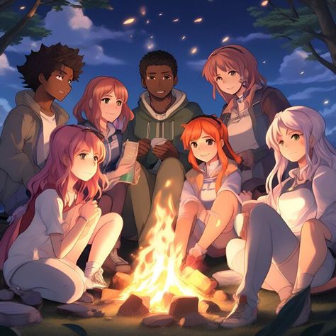 Photo group of friends enjoying campfire... | Premium Photo #Freepik #photo Friends Group Photo Anime, Anime Friend Group Art, 10 Friends Pictures Cartoon, Anime Group Picture, Group Photo Anime, Anime Friend Group, Anime Friends Group, Anime Group Photo, Group Friends Photos