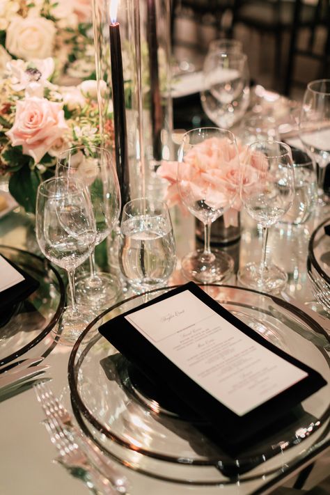 White Blush And Black Wedding, Black And White Wedding With Pink Flowers, Black Pink And White Wedding, Black And Champagne Wedding Colors Table Settings, Unique Wedding Decorations Receptions, Parisian Inspired Wedding, Black And White Wedding With Pink Accent, Black White Pink Wedding, Blush And Black Wedding