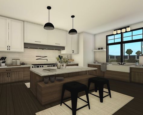 Rustic Bloxburg House Interior, Kitchen Ideas Yellow, Bloxburg House Ideas Minimalist, Suburban Kitchen, Bloxburg Kitchen Ideas, Bloxburg Interior, Roblox House, Bloxburg Kitchen, Kitchen Layouts