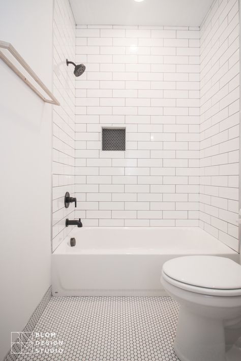 Mini Tiles Bathroom, White Honeycomb Tile Bathroom, White Subway Tile Bathroom Tub, Subway Tile Tub Surround, Subway Tile Bathtub, Honeycomb Tiles Bathroom, Bathroom Demo, Bathtub Tile Surround, Walk In Bathroom Showers