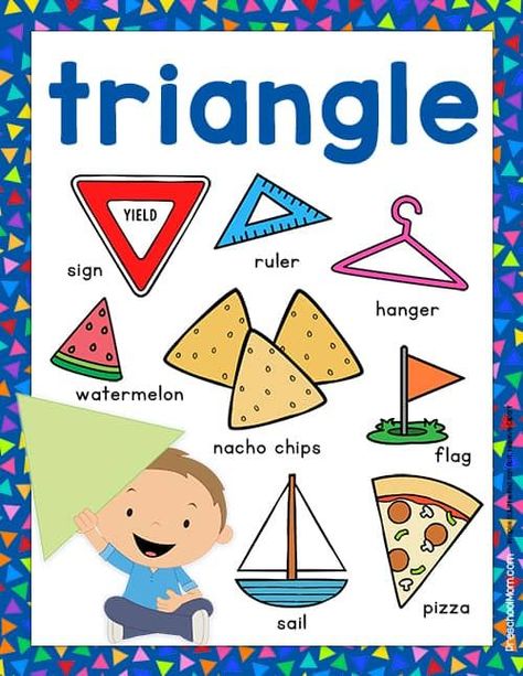 Triangle Anchor Chart Kindergarten, Shapes Chart Preschool Classroom, Triangle Activities For Preschool, 2 D Shapes, Triangle Objects, Chart For Preschool, Triangles Activities, Preschool Shapes, Preschool Charts