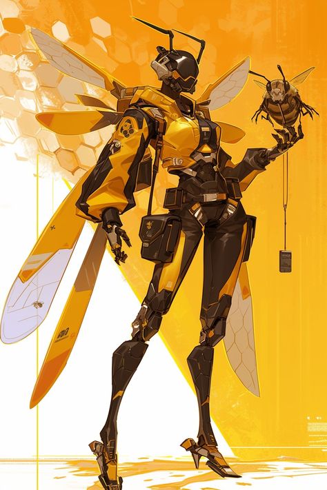 Anthro Bee Character, Animal Robot Concept Art, Bee Armor, Bee Concept Art, Mecha Character Design, Bug Armor, Bee Character Design, Bug Robot, Bee Oc