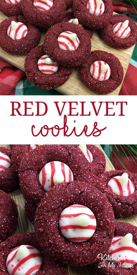 Red Velvet Cookies with Hershey kisses. #christmas #cookies #yummy Red Velvet Cookie Recipe, Hersheys Kisses, Christmas Cookie Recipes Holiday, Velvet Cookies, Christmas Baking Recipes, Kiss Cookies, Hershey Kiss, Red Velvet Cookies, Recipes Christmas