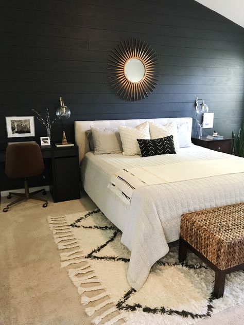 master bedroom, desk in master, black shiplap wall, boho, minimalist, livingoncrust Black Shiplap Wall, Shiplap Bedroom, Black Shiplap, Bedroom Ideas Luxury, Beautiful Bedrooms Master, Shiplap Wall, Bedroom Desk, Bedroom Headboard, Bedroom Refresh