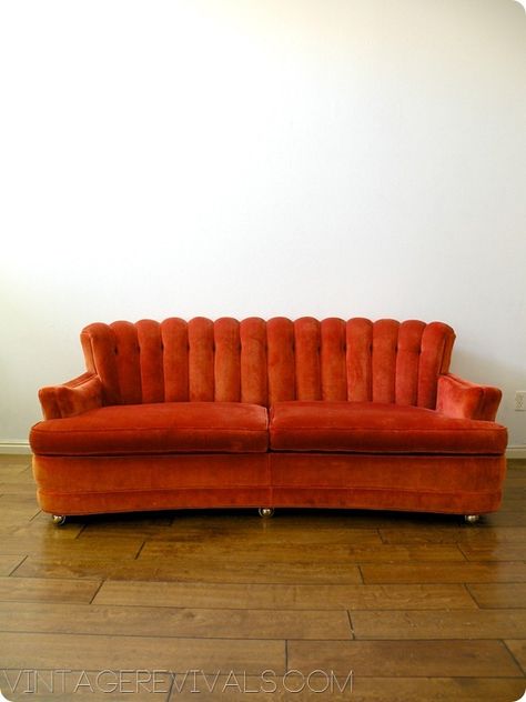 The Couch! The Couch! U Couch, Retro Couch, Orange Couch, Vintage Couch, Farmhouse Side Table, Velvet Couch, Vintage Revival, Style Deco, Fireplace Makeover