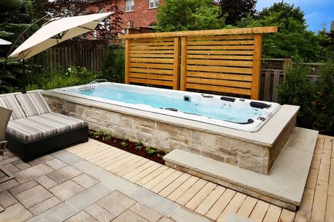 Swim Spa Deck, Whirlpool Deck, Swim Spa Landscaping, Spa Landscaping, Lap Pools, Outdoor Jacuzzi, Backyard Spa, Hot Tub Landscaping, Hot Tub Swim Spa