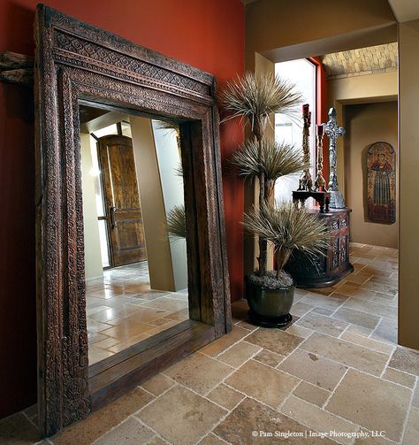 Indian door surround as mirror - From Tierra by Sanctuaries Interiors India Decor, Balinese Decor, Cheap Apartment Decorating, Indian Doors, Indian Interiors, Ethnic Home Decor, Ethnic Decor, Indian Decor, Cute Home Decor