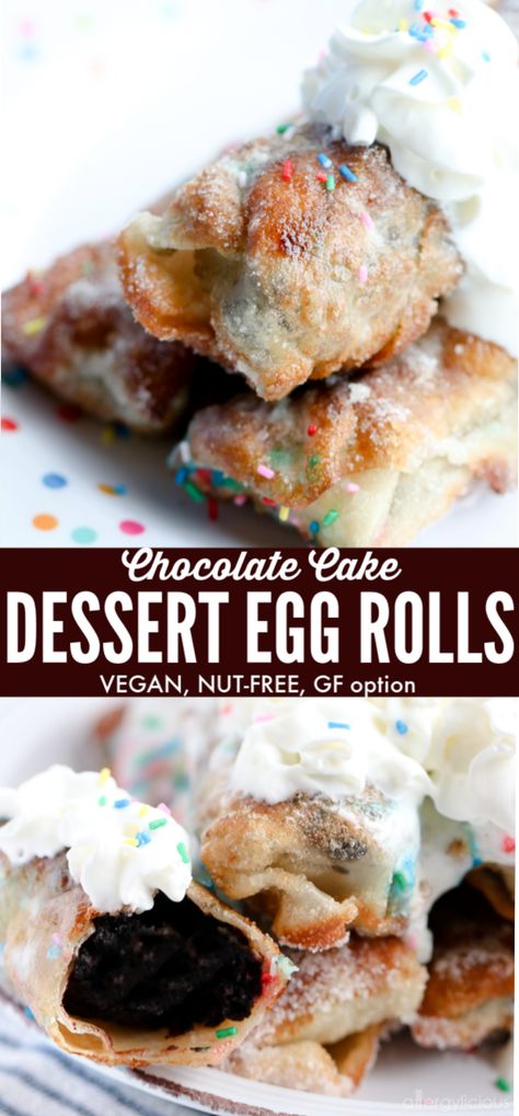 These chocolate cake egg rolls are filled with cream cheese and dipped in a light sugar coating. The perfect portable dessert!! |Recipe www.allergylicious.com| #vegandessert #nutfree #chocolatecake #recipe #dessert #ad #twindragonwrappers #wontons #eggrolls #potstickers Dessert Egg Rolls Recipe, Dessert Egg Rolls, Dessert Wontons, Dessert Ad, Portable Dessert, Chocolate Desserts Cake, No Egg Desserts, Chicken Spring Rolls, Egg Roll Recipes