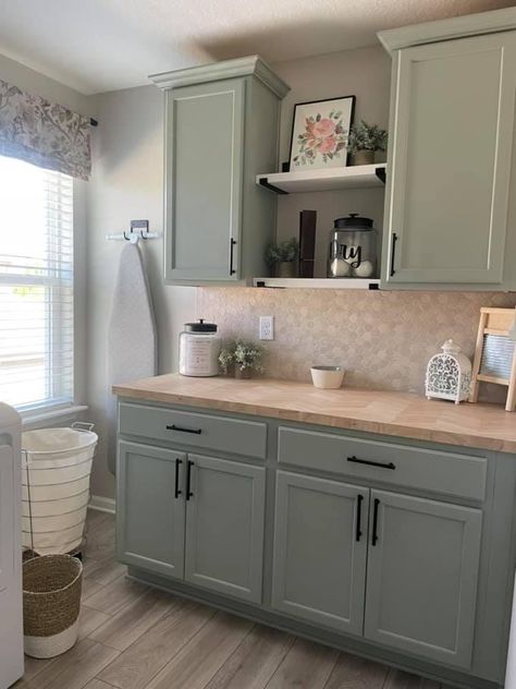 Laundry Room Linen Storage, Sherwin Williams Oyster Bay, Oyster Bay Sherwin Williams, Laundry/mudroom Ideas, Laundry Diy, Laundry Room Paint Color, Laundry Room Paint, Mudroom Remodel, Laundry Cabinets