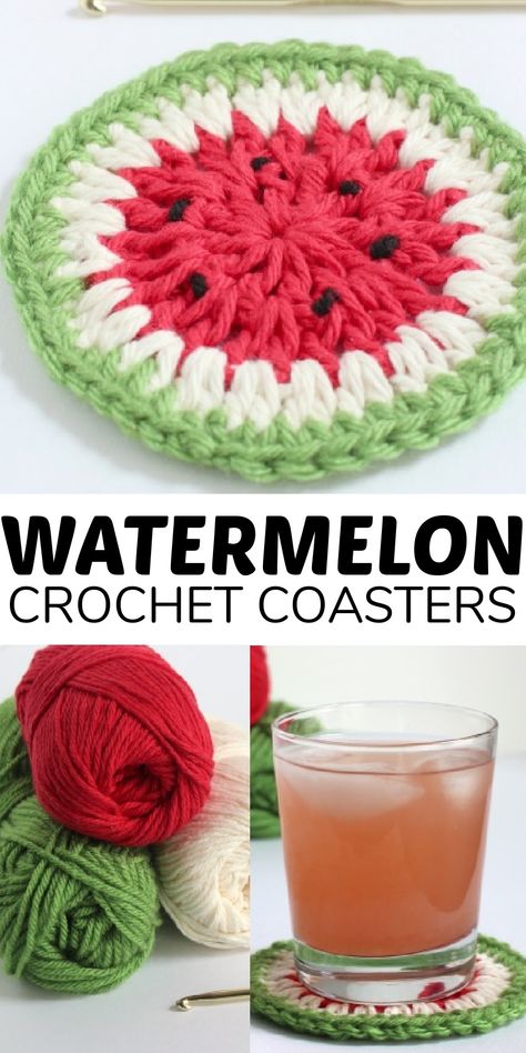 All these watermelon coasters need are watermelon cocktails sitting on top of them. Watermelon Crochet Coaster, Crochet Watermelon Placemats, Crochet Summer Coasters, Crochet Fruit Coasters, Usable Crafts, Crocheted Decor, Summer Crochet Ideas, Bingo Prizes, Watermelon Coasters