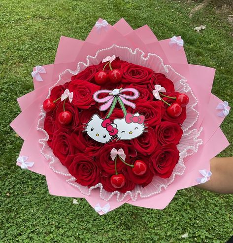 24ct hello kitty Cherry themed ramo🍒🌹 Happy National Girlfriend Day ♥️ . . . . . . #explorepage #smallbusiness #beginnerflorist #hellokittyramo #hellokitty #cherry #roses #happynationalgirlfriendday❤️ #cute #pretty Cherry Flower Bouquet, Valentines Ramo, Asking Her To Be My Girlfriend Ideas, Ribbon Flowers Bouquet Ideas, Hello Kitty Ramo, Hello Kitty Cherry, Hello Kitty Bouquet, Ramo Ideas, Girlfriend Day