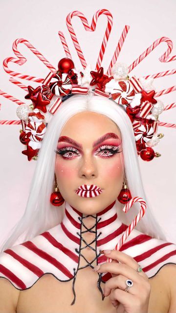 Sophie Hannah on Instagram: "How I made my candy cane headpiece for my Candy Cane Queen look 🎄 I took the @the_wigs_and_makeup_manager headpiece masterclass in lockdown & learnt all her tips and tricks ❤️ What do you all think? I purchased everything from Amazon to create this, don't forget I have my Amazon shop linked in my bio in case you want to recreate 👑 #sophiehannah #diyproject #headpiece #christmasmakeup #candycane" Christmas Parade Makeup, Xmas Makeup Ideas, Christmas Fantasy Makeup, Cane Outfit, Candy Cane Makeup, Candy Cane Costume, Christmas Headpiece, Christmas Party Makeup, Christmas Makeup Ideas